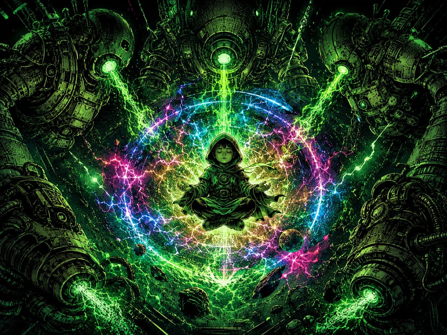 A hooded child meditating, calm at the center of a rainbow energy mandala, ringed by green-eyed clockwork machines in a dark tech cathedral — the human still at the center of the machine swarm.