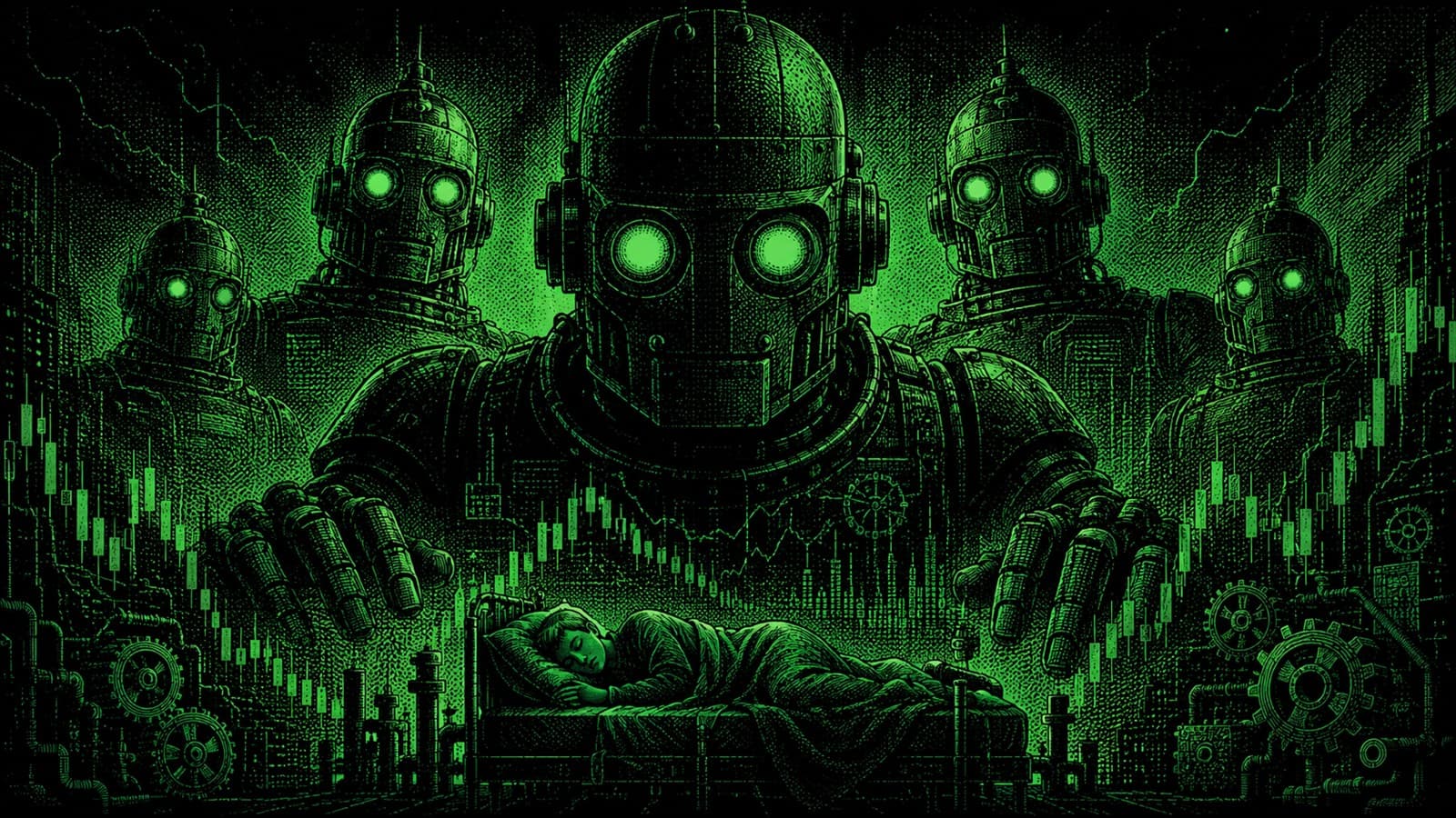A person asleep in bed while four towering robots with glowing green eyes loom overhead, hands reaching down, against a backdrop of candlestick charts and gears — an AI agent running the account while its owner sleeps.