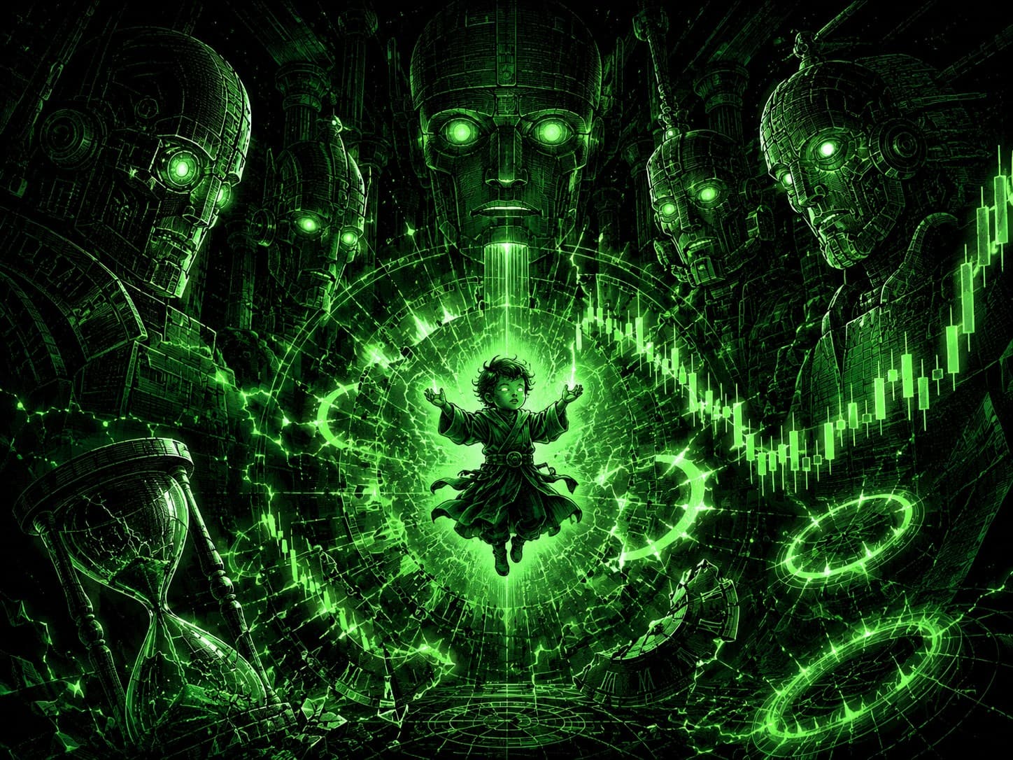 A child floats at the center of a vast web of green light and broken clock faces, ringed by towering green-eyed machines, a cracked hourglass, and candlestick charts — the trader caught inside a backtest that can see the time the live market hides.