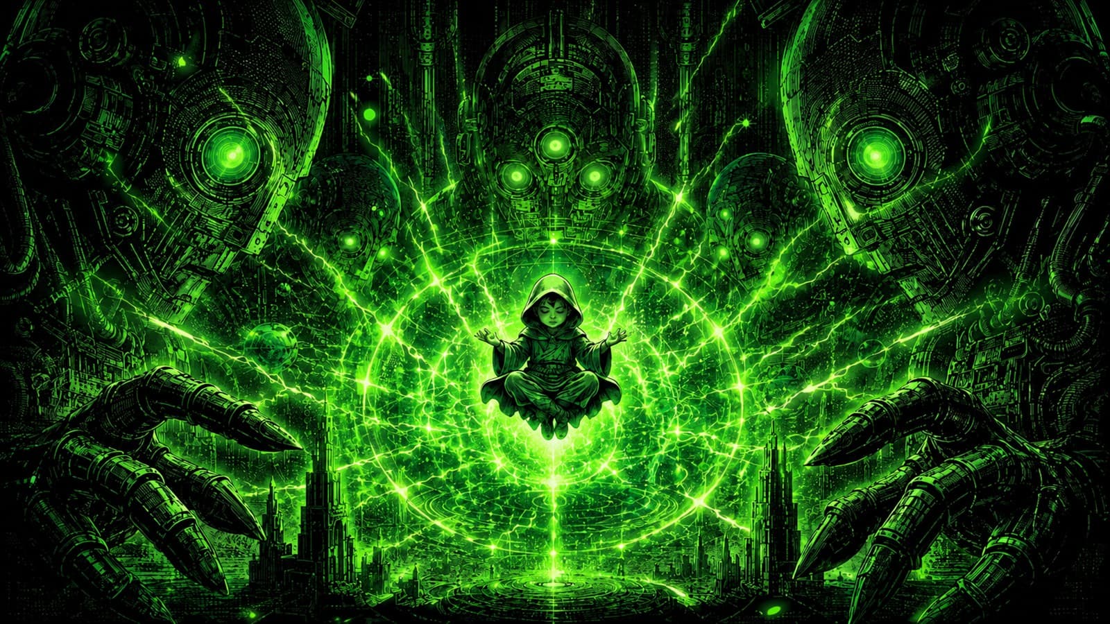 A hooded child sits calmly cross-legged at the center of a vast ring of radiating green lightning, surrounded by towering green-eyed machines and reaching mechanical hands — the calm, clear-eyed trader who reads the chart and lets the machines reason, but never lets them squint.