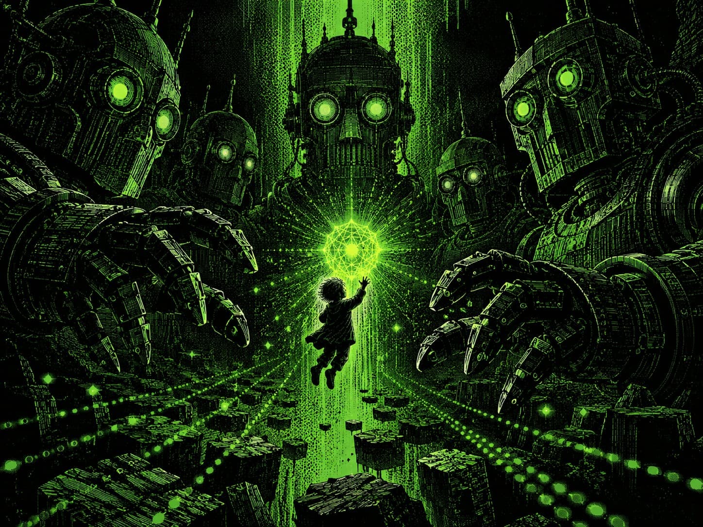 A small child reaches up toward a single dazzling green crystal of light, surrounded by towering green-eyed machines and their reaching hands — the one alluring winner that lures you out of thousands of tries.