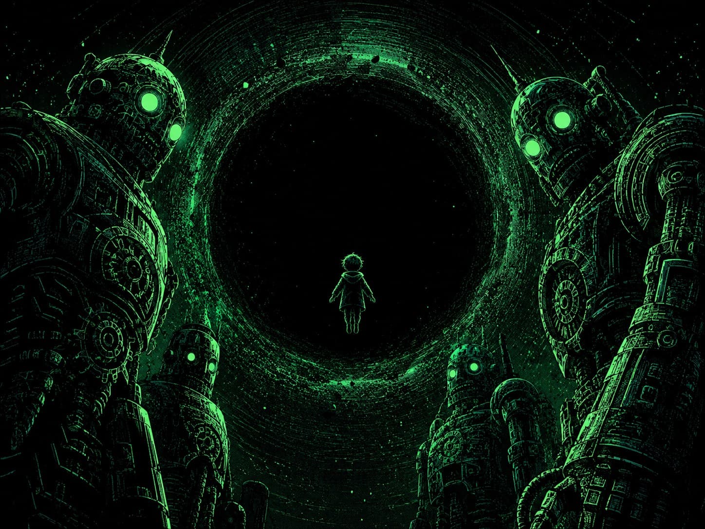 A small child floats alone at the center of a vast dark void, ringed by towering green-eyed clockwork machines and gears, staring into the emptiness — the trader looking back into their own history to find the leak hidden in the dark.