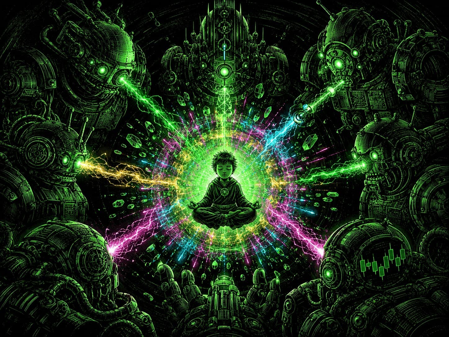 A child meditates serenely at the center of a radiant burst of multicolored energy, ringed by towering green-eyed machines firing beams inward, with candlestick charts among them — one calm mind at the center of a swarm of machine 'analysts.'