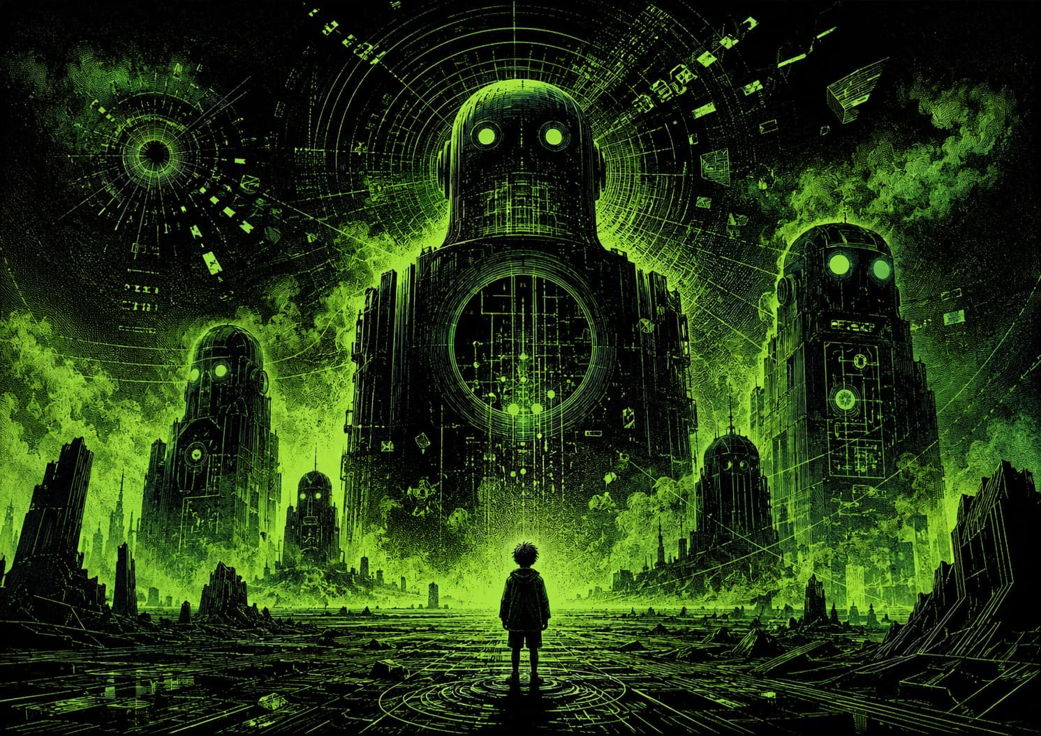 A lone child stands before three colossal machine figures with glowing eyes in a vast green-on-black digital landscape, rings of signal radiating overhead — the human dwarfed by machines that already see and act.