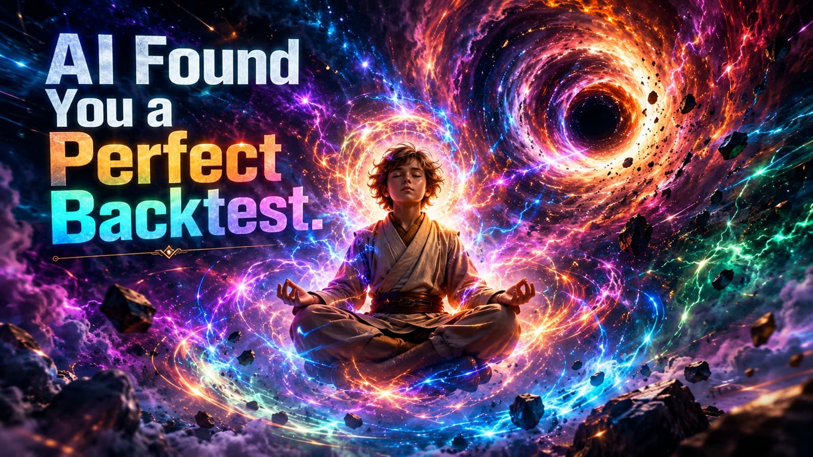 A child meditating cross-legged, calm at the center of a vast rainbow cosmic vortex spiraling into a black hole, ringed by drifting debris — stillness at the middle of the chaos of an endless search.