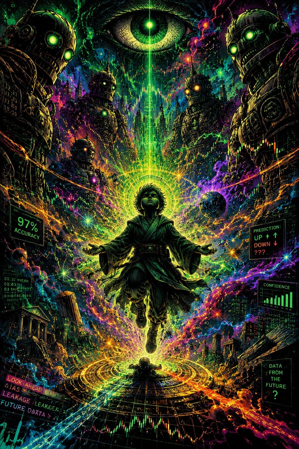 A child floats in meditation at the center of a vast neon mandala of candlestick charts and data, ringed by towering green-eyed machines beneath a glowing all-seeing eye, surrounded by glitch panels reading 97% accuracy, prediction up/down/???, confidence, and data from the future — the seductive illusion of an AI that can forecast the market.