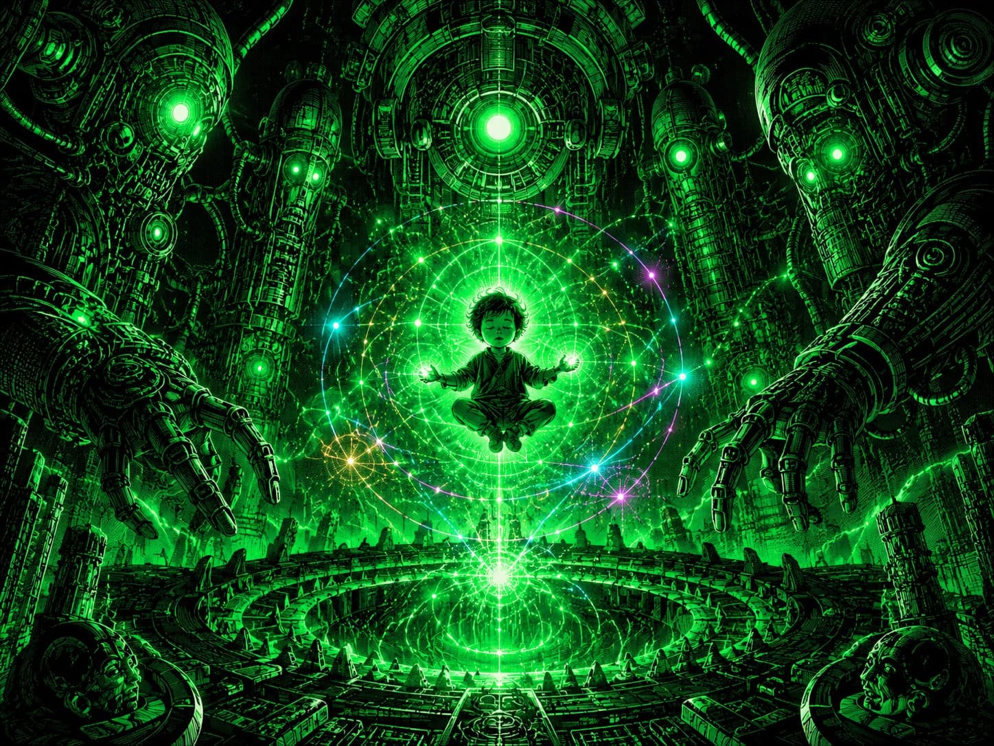 A child sits calmly cross-legged at the center of concentric orbital rings of light dotted with colored nodes, surrounded by towering green machines and reaching hands — the calm, rule-following version of you at the center of the system.