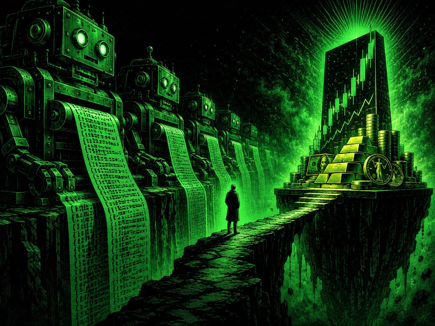 A row of robots churning out endless code printouts beside a lone trader on a narrow bridge over a chasm, facing a citadel of gold and a rising chart on the far side.