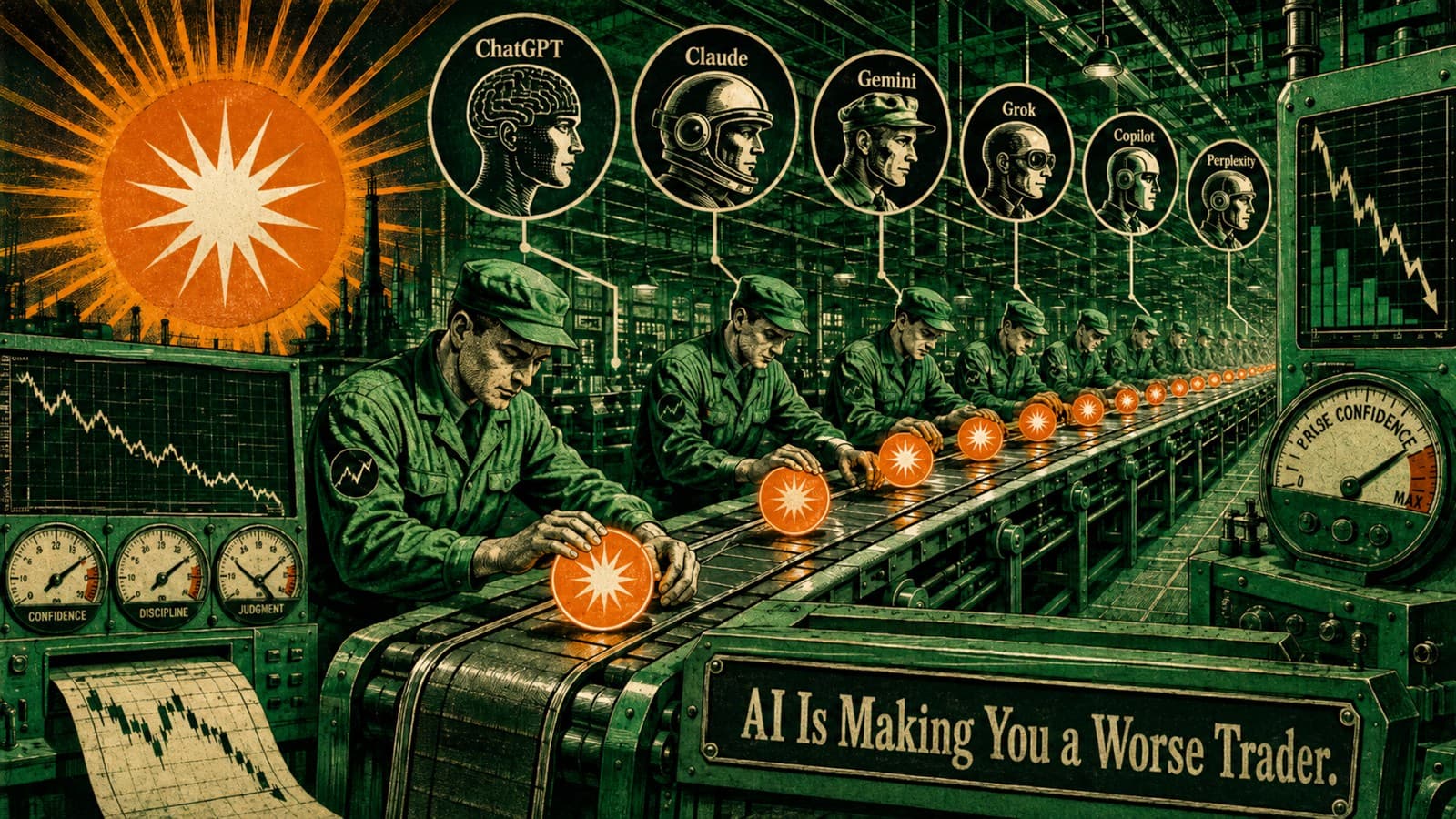 A green retro-industrial illustration: a line of identical capped workers on a conveyor belt, each one puppeteered from above by a named AI assistant, polishing glowing orange orbs — while gauges labelled confidence, discipline, and judgment sit beside falling charts and a 'praise confidence: max' meter. The human reduced to an interchangeable operator.