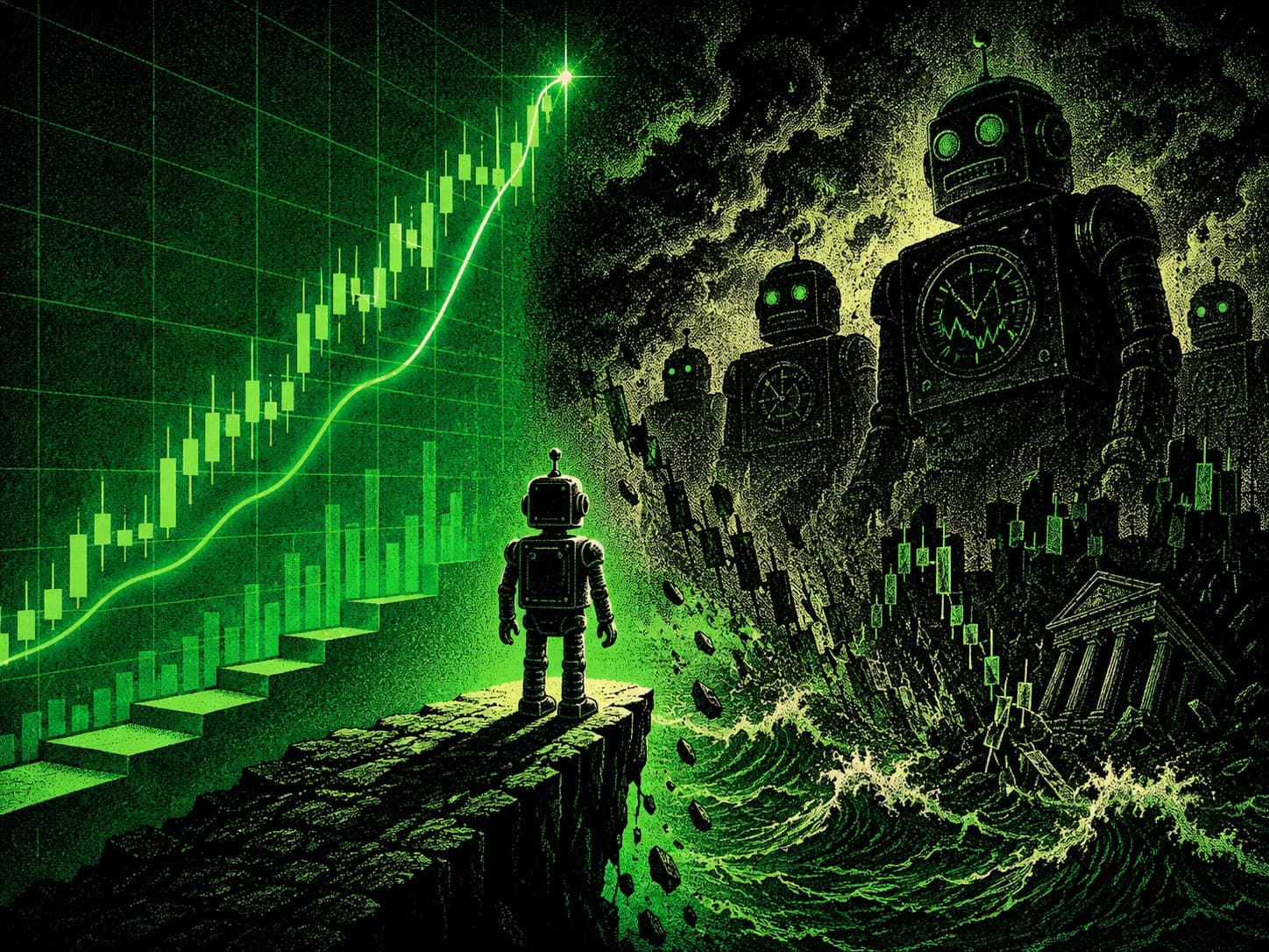 A trading robot standing between a clean backtest curve and a darker market-risk scene.