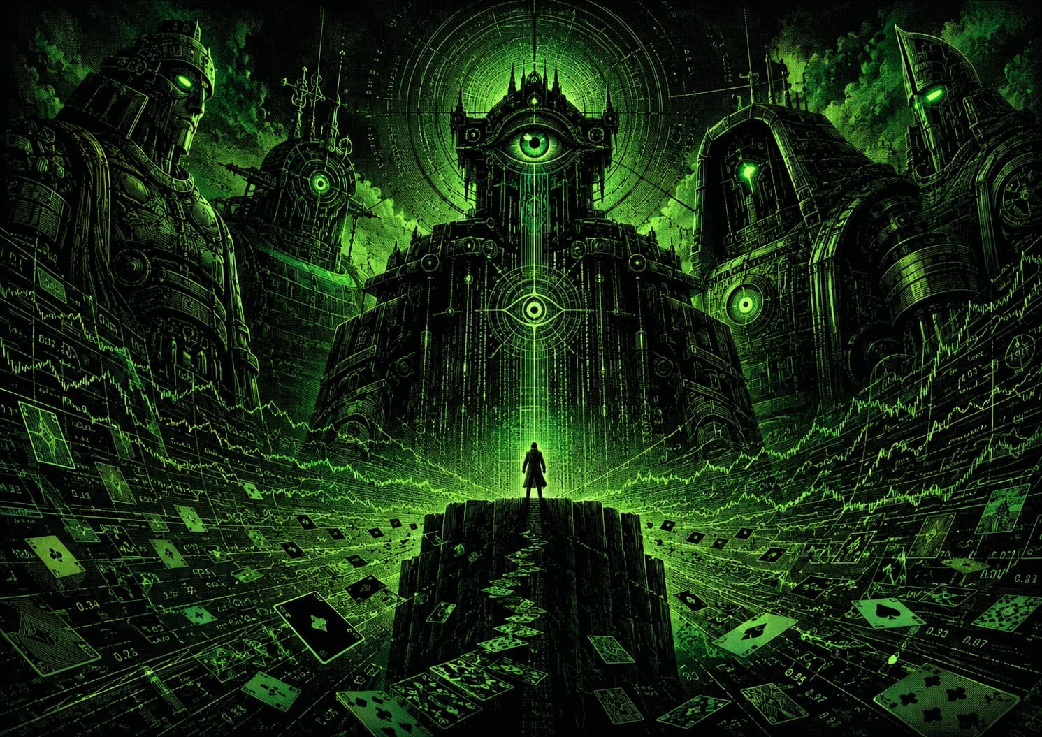 A lone figure on a raised path facing a colossal all-seeing-eye machine flanked by robots, surrounded by scattered playing cards, probability decimals, and jagged equity charts — the deck of outcomes a backtest only deals once.