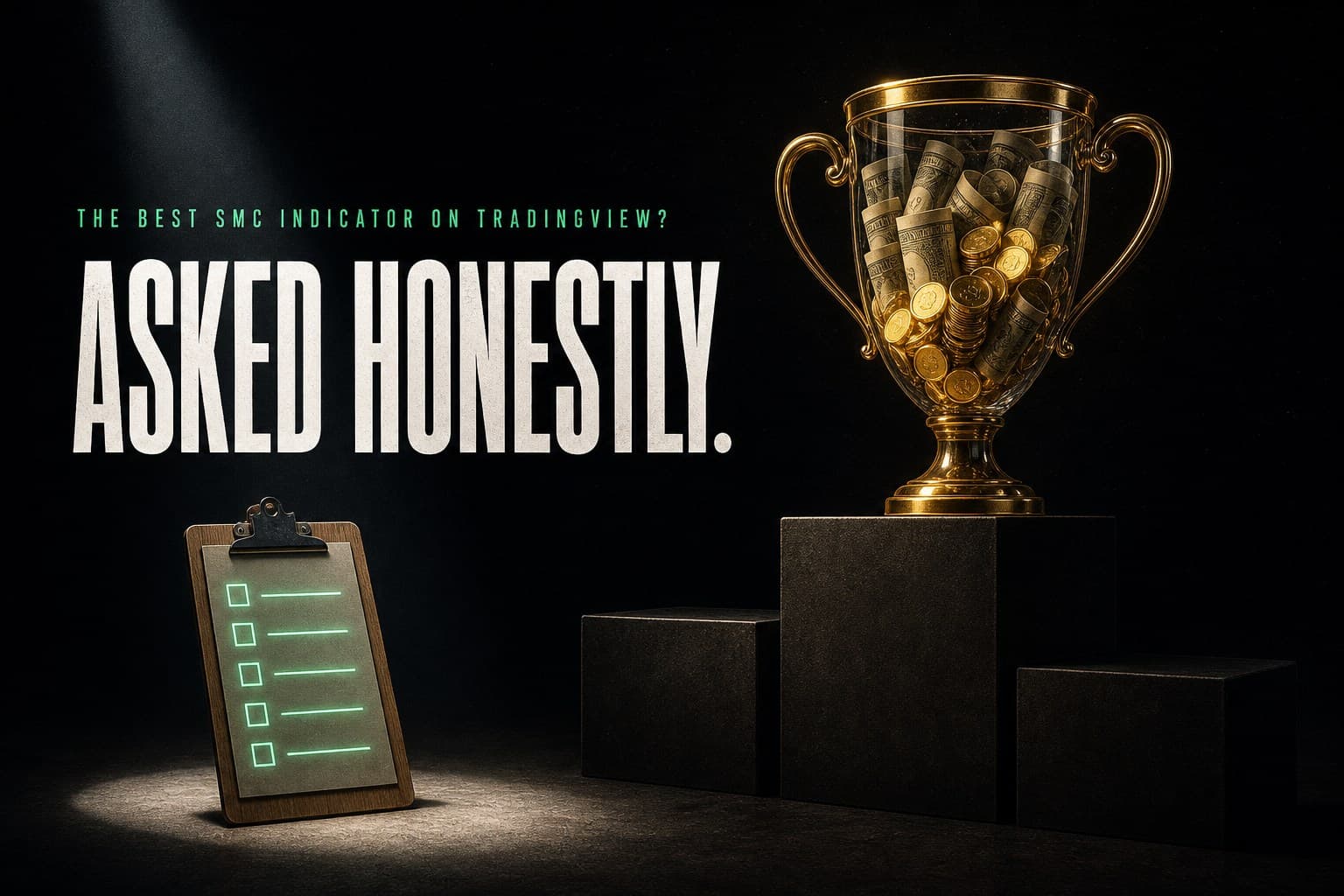 A glass trophy stuffed with rolled banknotes on a dark podium beside a plain clipboard with five glowing checkboxes — poster titled The Best SMC Indicator on TradingView? Asked Honestly.