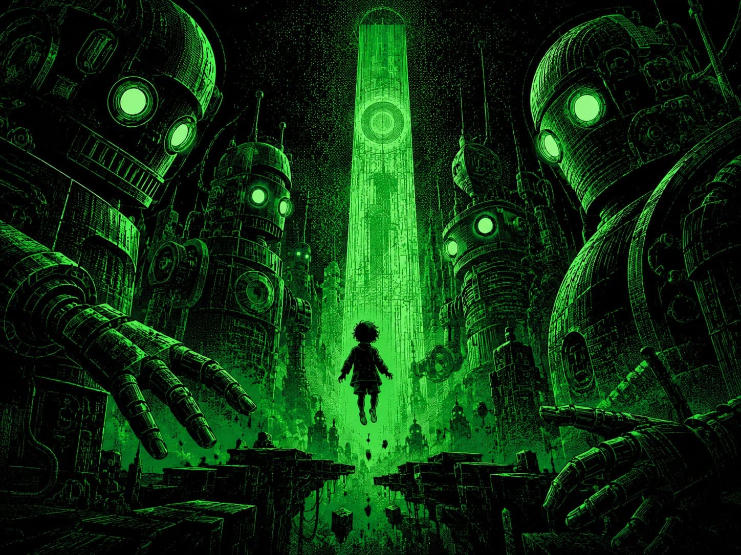A lone child silhouette dwarfed by a single towering column of green light that rises above a vast city of giant dormant machines — the one outlier that overshadows everything else.
