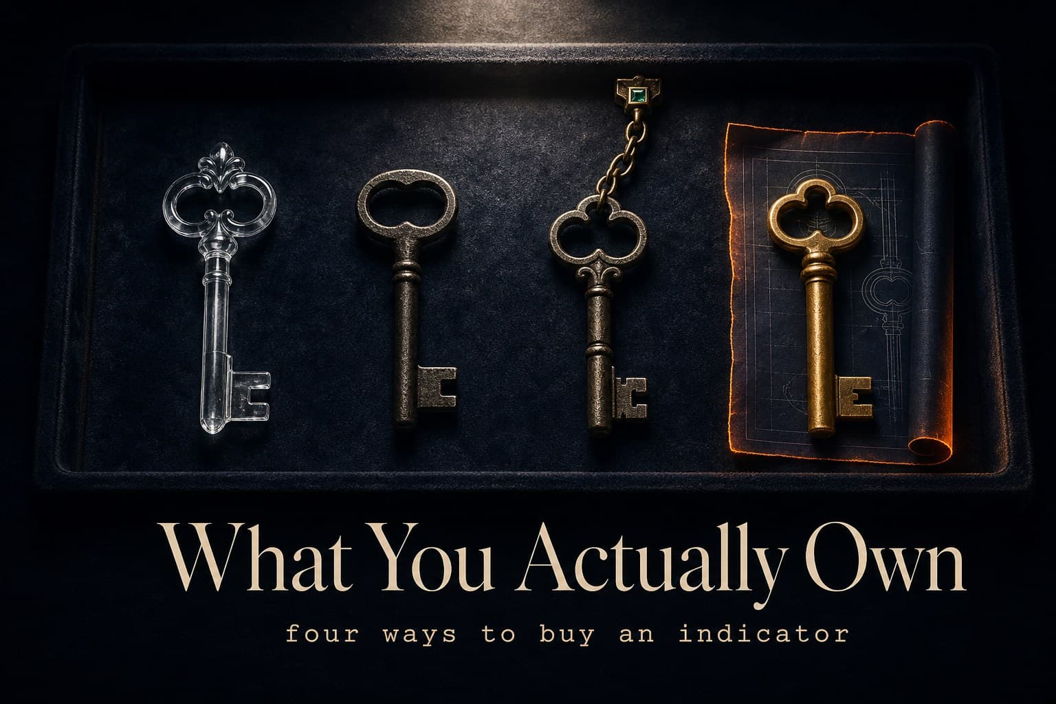 Four antique keys on a dark velvet tray — one glass, one iron, one chained to the tray, one solid brass laid on an open blueprint — poster titled What You Actually Own.