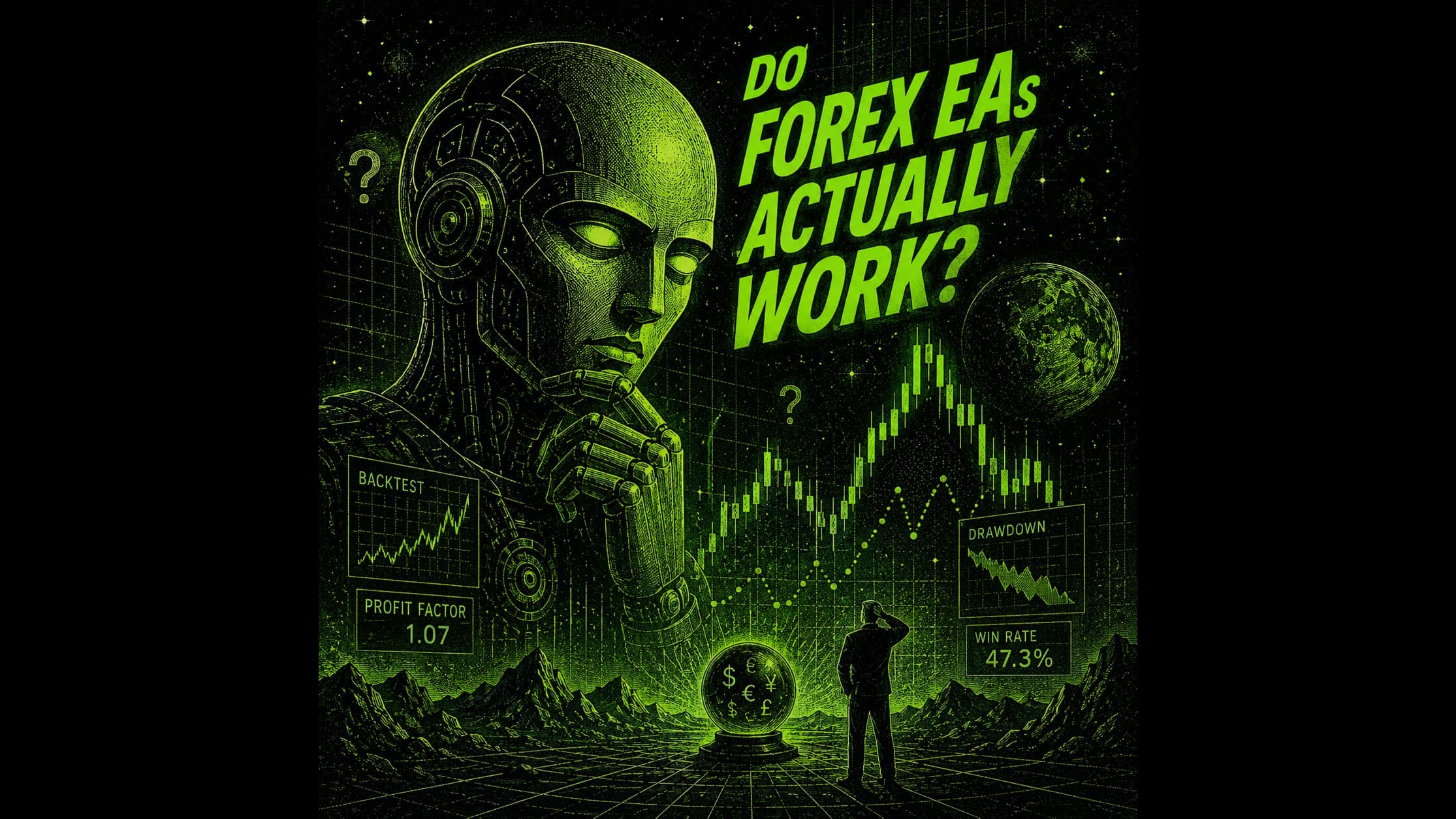 Green engraved robot pondering beside the question 'Do forex EAs actually work?', with deliberately modest stats — profit factor 1.07, win rate 47.3% — floating over a candlestick landscape.