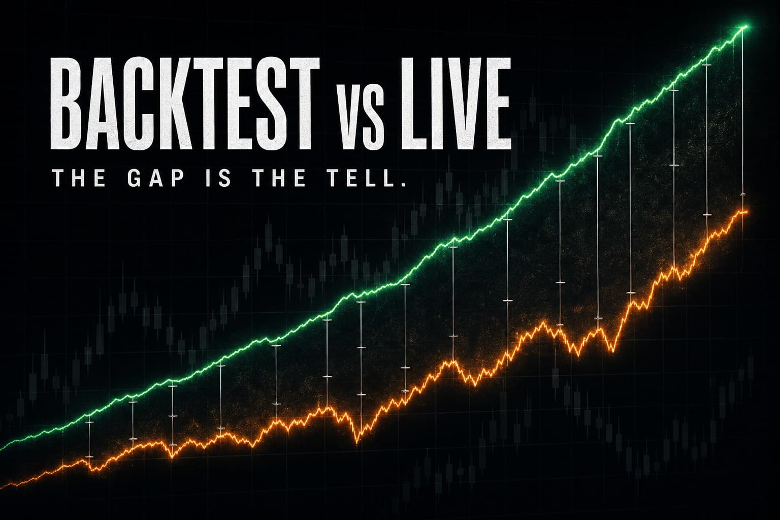 A smooth glowing backtest equity curve above a rougher live curve, the gap between them pinned open like a measured specimen — poster titled Backtest vs Live: the gap is the tell.