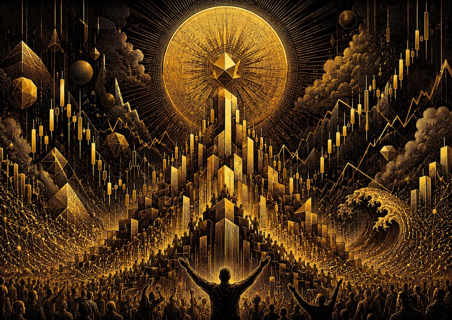 A gold-engraved crowd raises its arms before a tower of golden blocks under a radiant sun, while a giant wave crests beside the candlestick mountains.