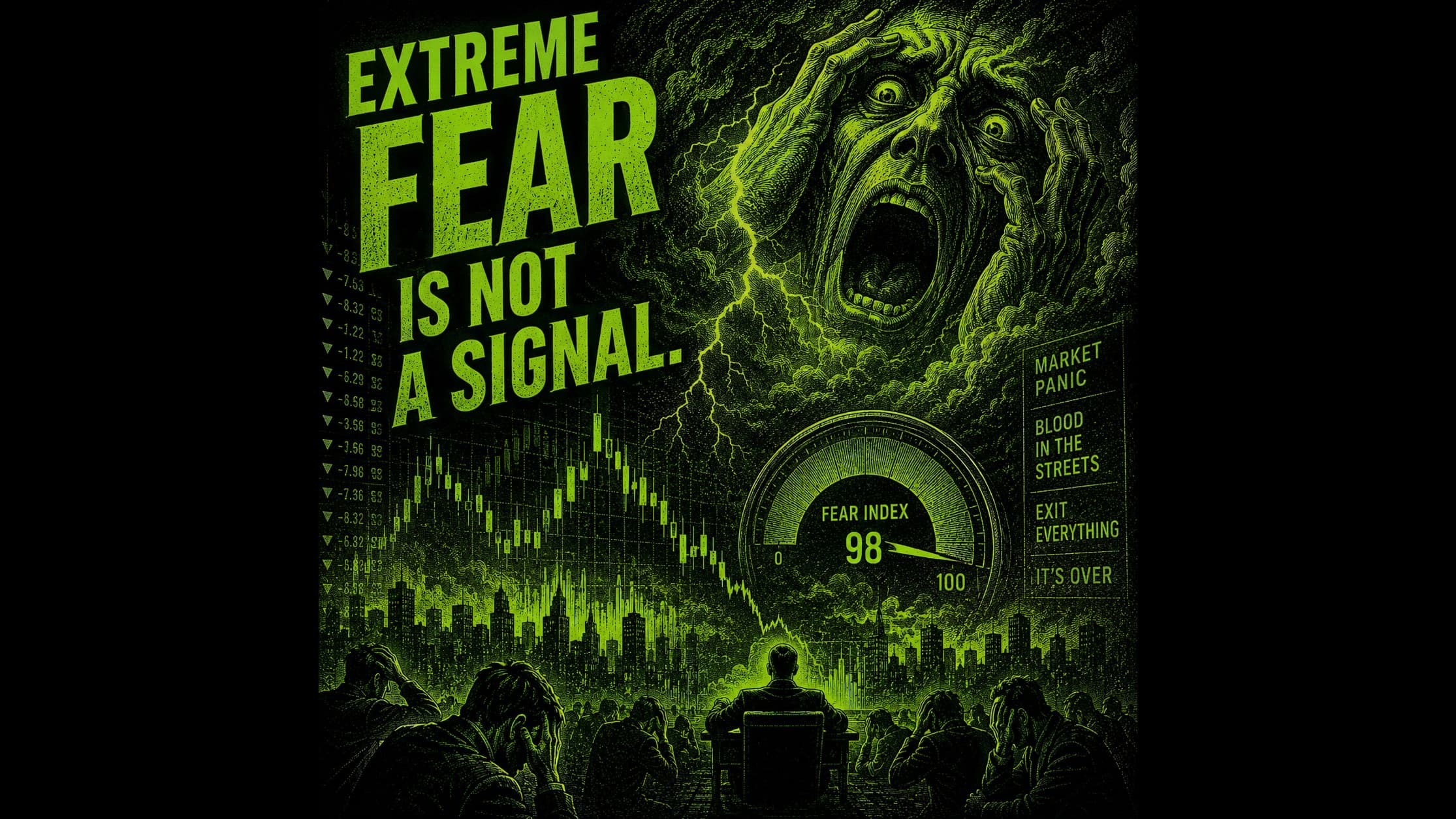Green woodcut panic scene: a screaming face in storm clouds above a fear gauge pinned deep in the red, panicked traders below, beside the words 'Extreme fear is not a signal.'