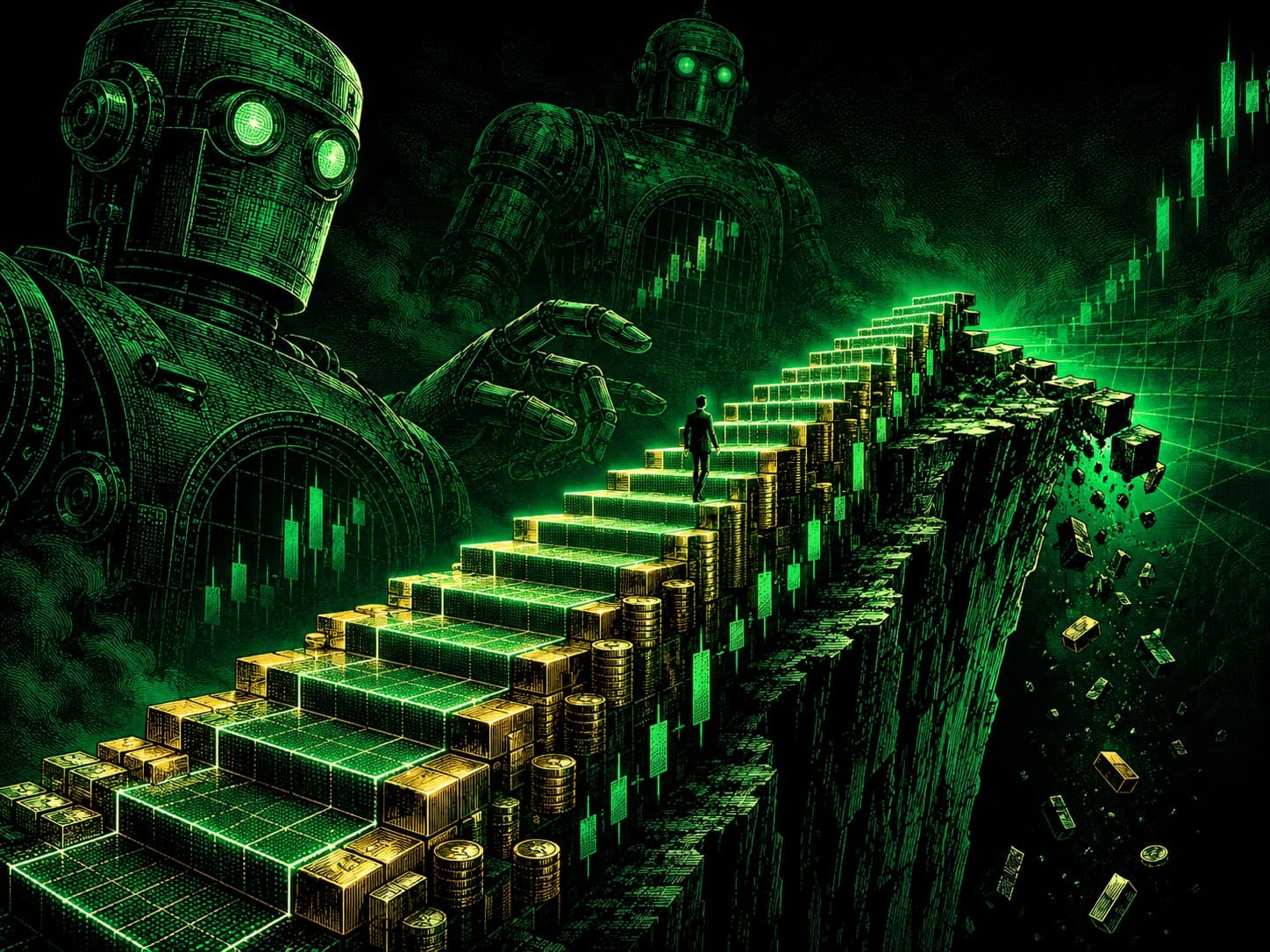 A trader climbing a glowing emerald staircase of blocks and gold coins that ends at a cliff edge where the steps crumble into the void, with looming robots behind.