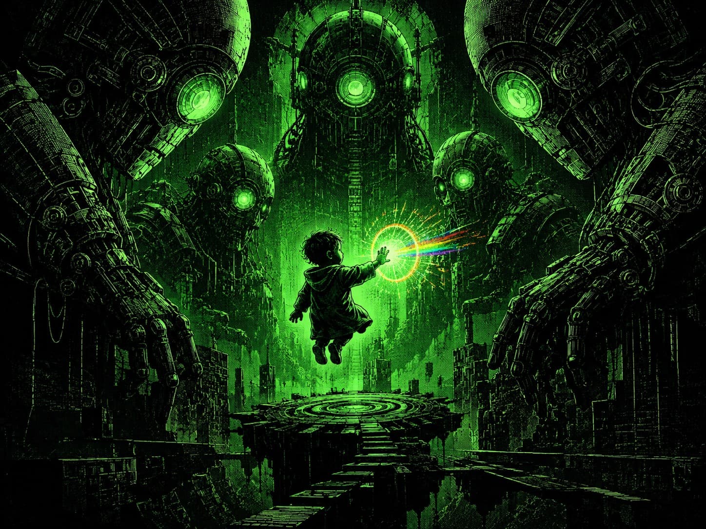 A child reaches toward a single glowing ring of light that splits into a rainbow prism beam, surrounded by towering green machines — the one perfect point that fans out into a spectrum of choices.