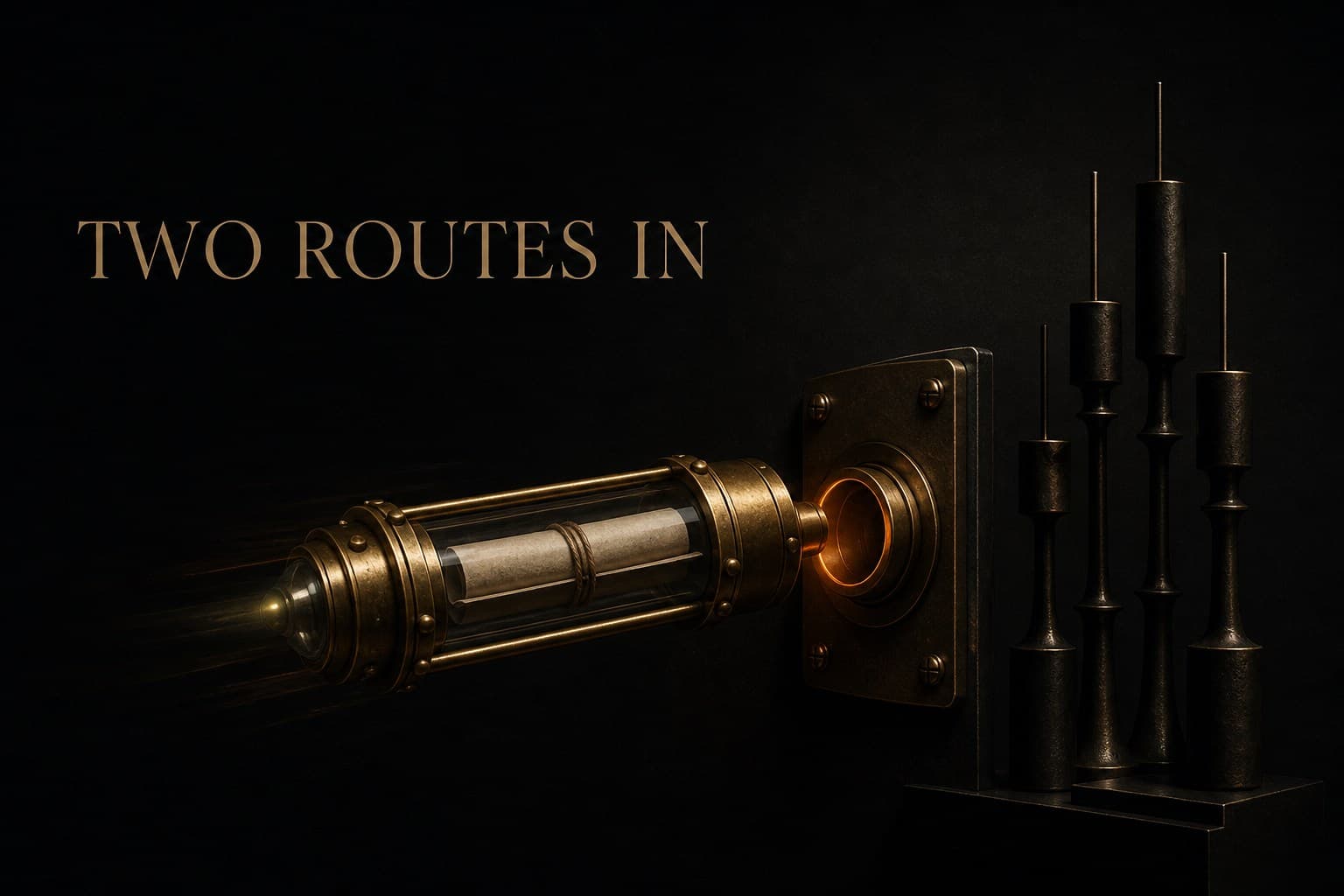 A brass pneumatic-tube capsule holding a rolled paper script being slotted into a receiver panel beside a dark candlestick chart — poster titled Two Routes In.