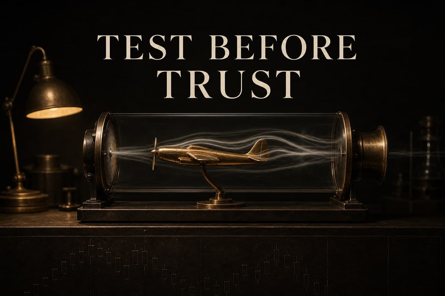 A brass model aeroplane inside a glass wind-tunnel chamber on a dark laboratory bench, smoke lines streaming over its wings — poster titled Test Before Trust.