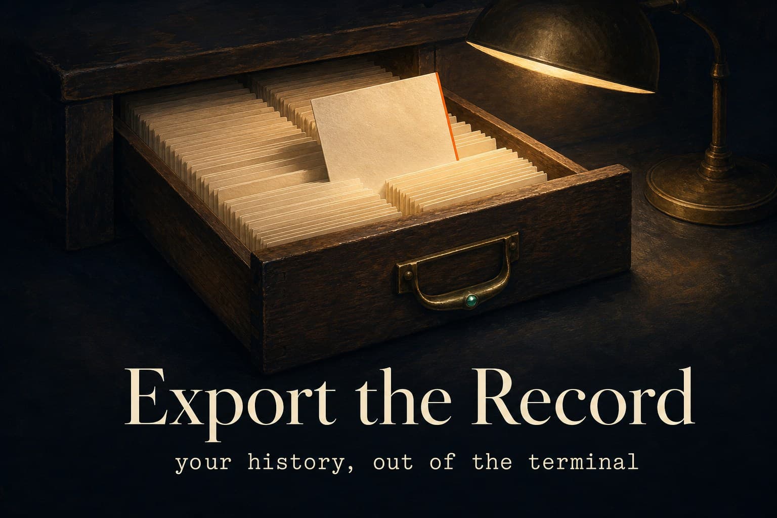 An antique filing drawer of paper trading receipts under a desk lamp, one receipt lifted catching the light — poster titled Export the Record.