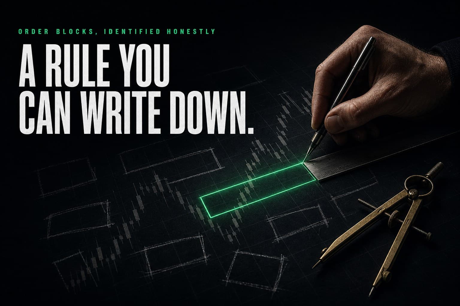 A hand with a technical pen drawing one crisp glowing rectangle on a dark chart against a steel ruler, surrounded by fading freehand chalk rectangles — poster titled A Rule You Can Write Down.