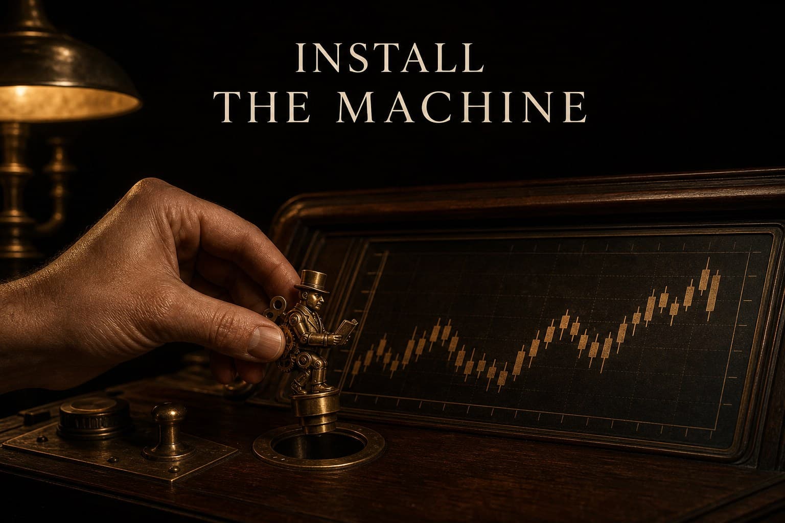 A hand lowering a small brass clockwork trader figurine into a fitted socket on a dark wooden desk console etched with a candlestick chart — poster titled Install the Machine.