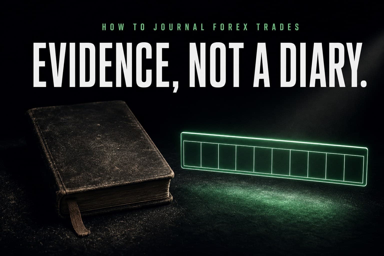 A dusty closed leather diary beside a glowing emerald ledger row of ten empty cells — poster titled Evidence, Not a Diary.