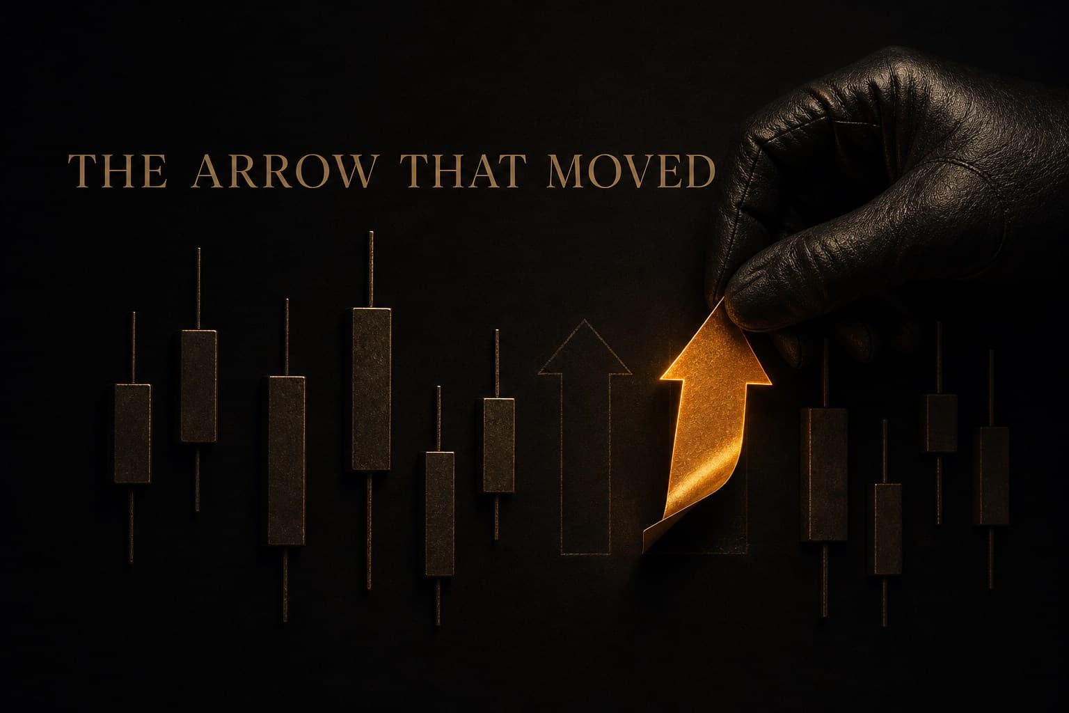 A dark chart where a glowing arrow marker is being physically peeled off the canvas by a gloved hand, leaving a faint ghost outline one candle to the left — poster titled The Arrow That Moved.
