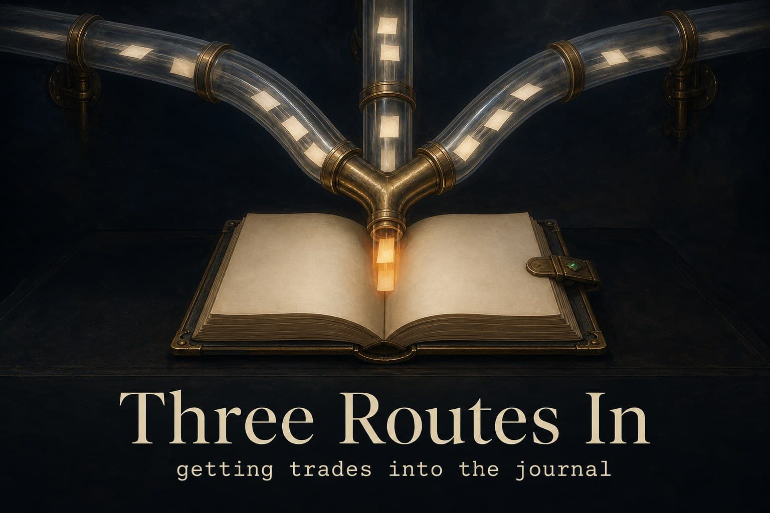 Three glass pneumatic tubes carrying glowing paper slips into an open brass ledger book — poster titled Three Routes In.