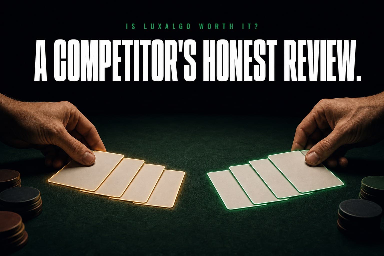 Two hands laying glowing playing cards face-up on a dark felt table, one hand amber and one emerald — poster titled A Competitor's Honest Review.