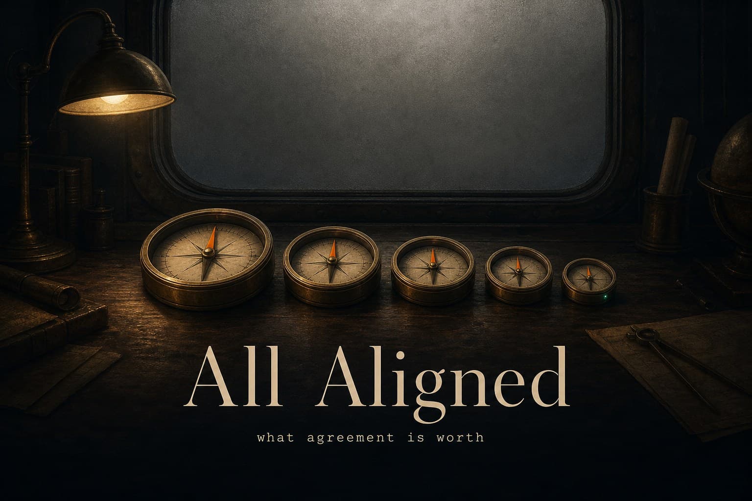 Five antique compasses on a dark navigation desk all pointing the same way while a fogged window hides the road ahead — poster titled All Aligned, from the ProEA research series.