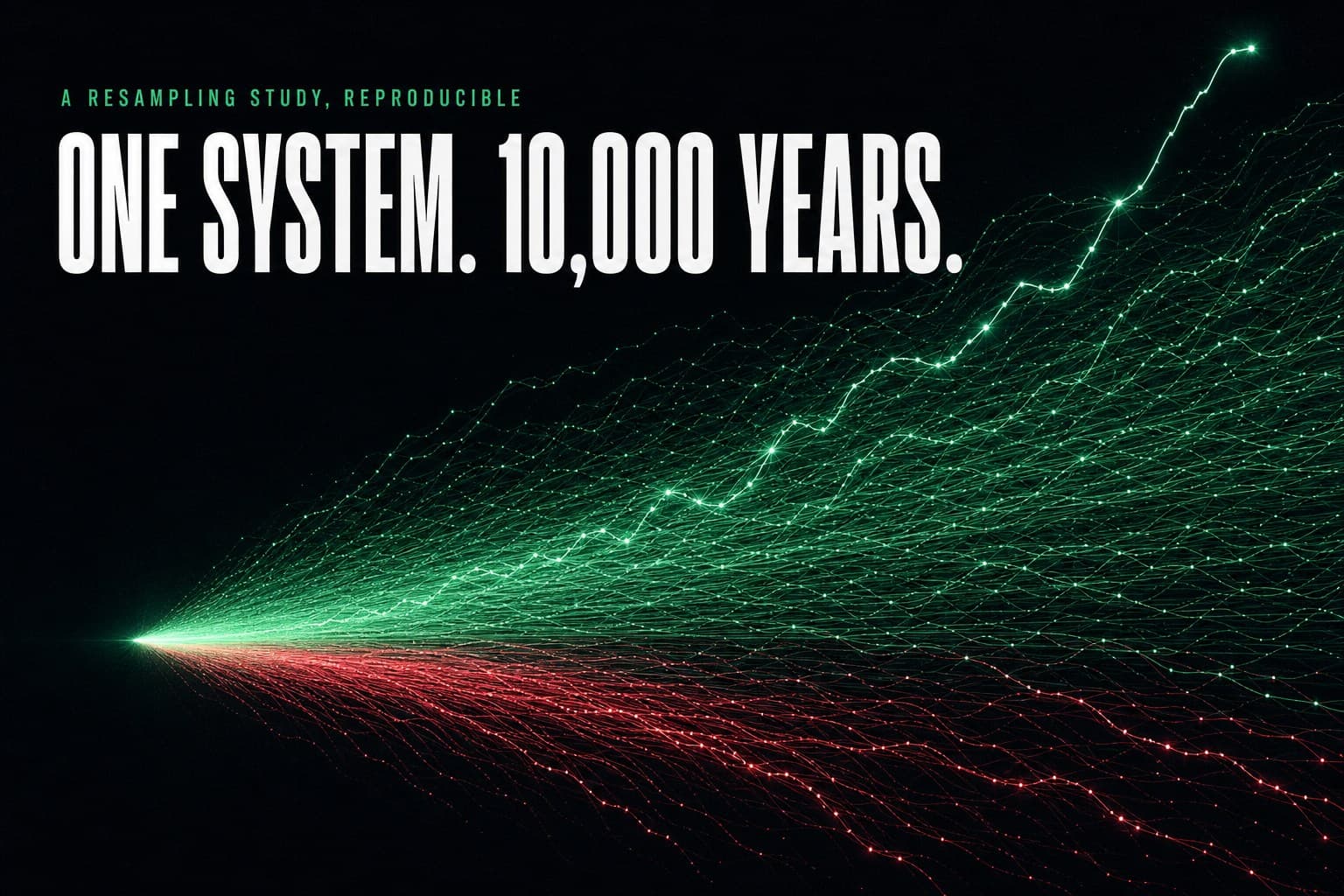 Thousands of thin glowing equity threads fanning out from a single dark origin point, a few threads rose-red and falling, most emerald and rising to different heights — poster titled One System. 10,000 Years.