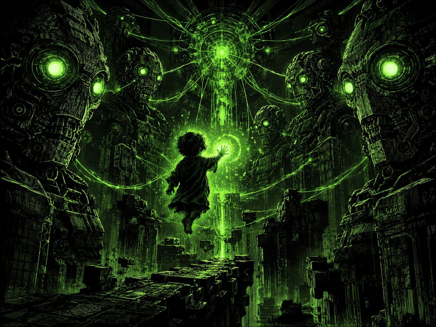 A child reaches toward a single glowing green orb while luminous threads radiate out and tie every looming machine back to that one source — many tickets, one driver.