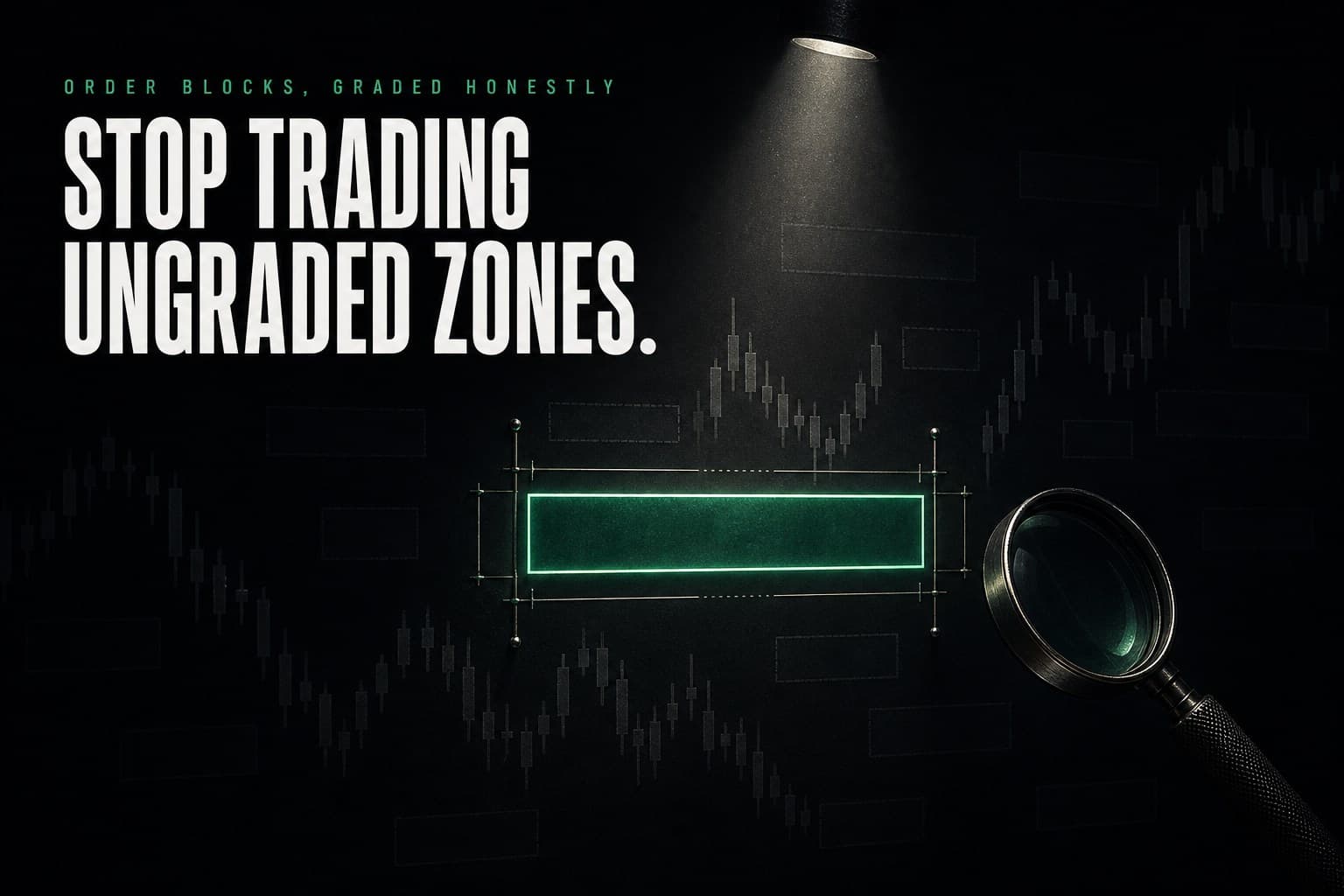 A dark chart wall of faint identical order-block rectangles with one emerald zone lit under a spotlight, surrounded by measurement callipers and a jeweler's loupe — poster titled Stop Trading Ungraded Zones.