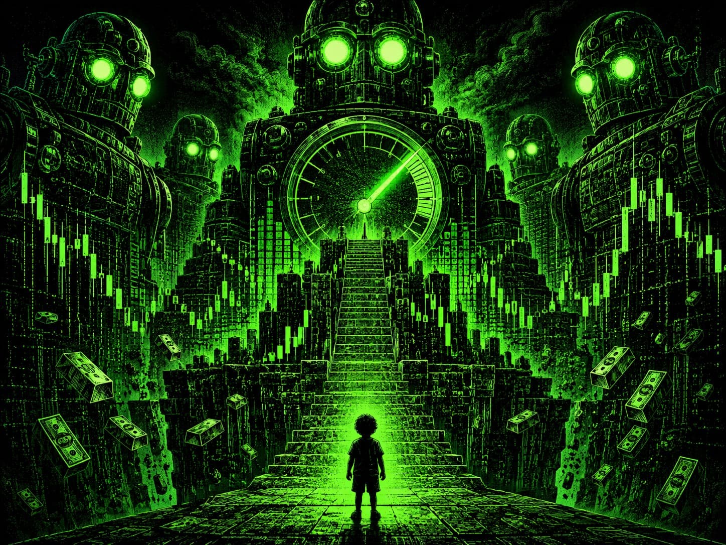 A lone small figure at the foot of a vast staircase rising toward a giant gauge dial, flanked by towering robots, as banknotes and gold bars fall past walls of candlesticks — the risk dial that decides how far you climb or fall.