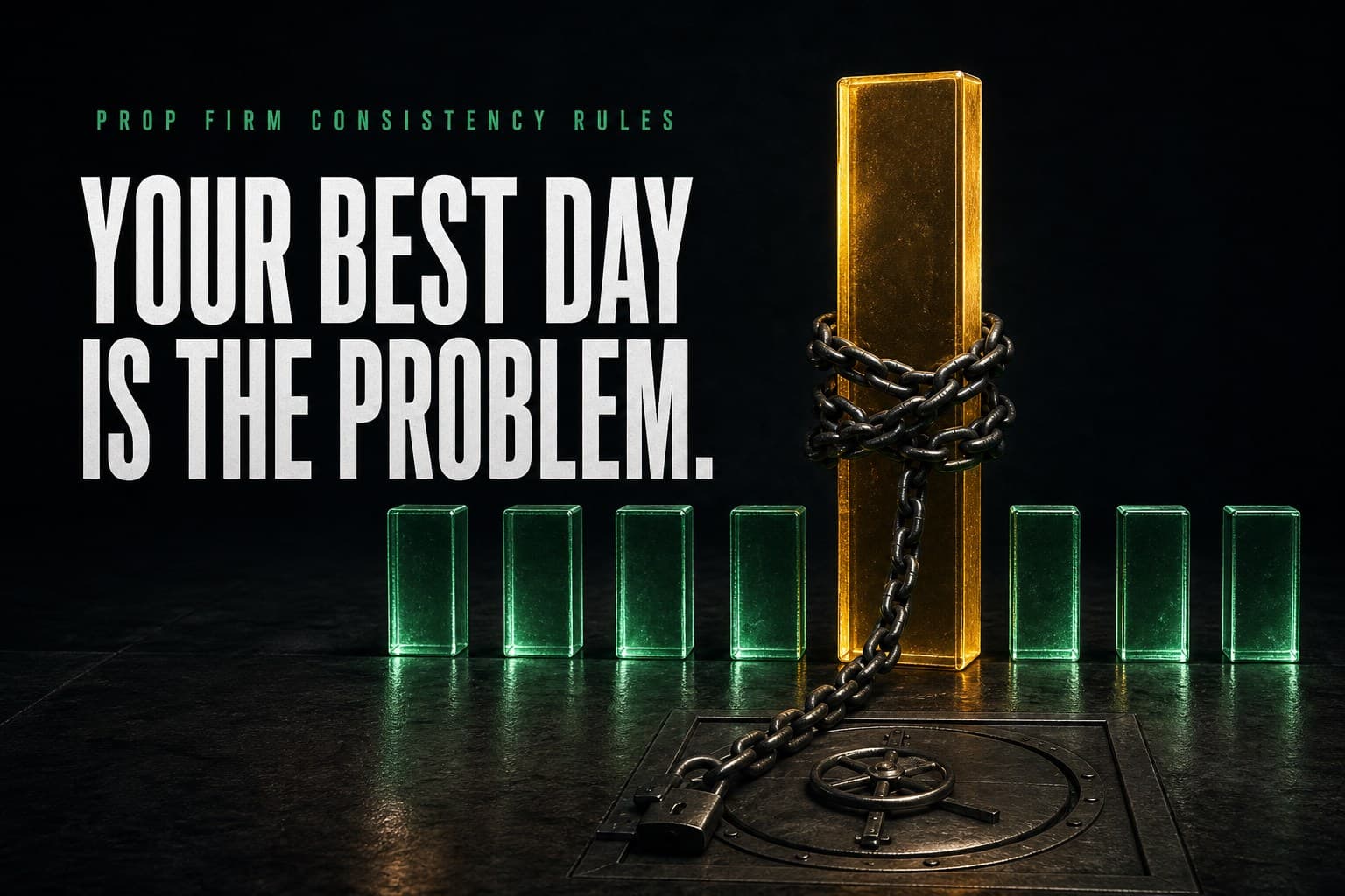 A towering amber profit bar wrapped in chains locking a floor vault, flanked by even emerald day bars — poster titled Your Best Day Is the Problem.
