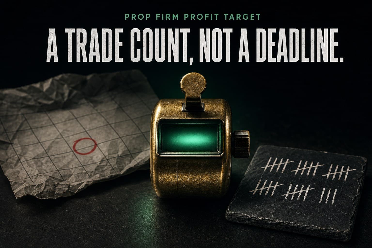 A brass tally counter with a glowing empty display beside a crumpled blank calendar and chalk tally marks on slate — poster titled A Trade Count, Not a Deadline.