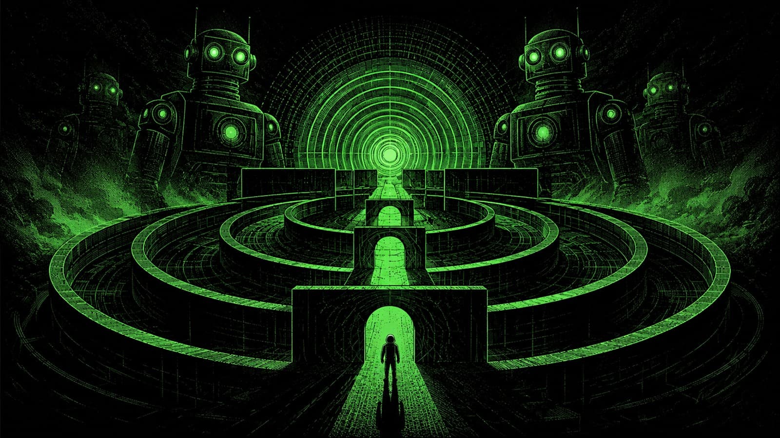 A lone figure walks into a glowing green labyrinth ringed by giant robots — the prop-firm rulebook as a maze you must navigate.