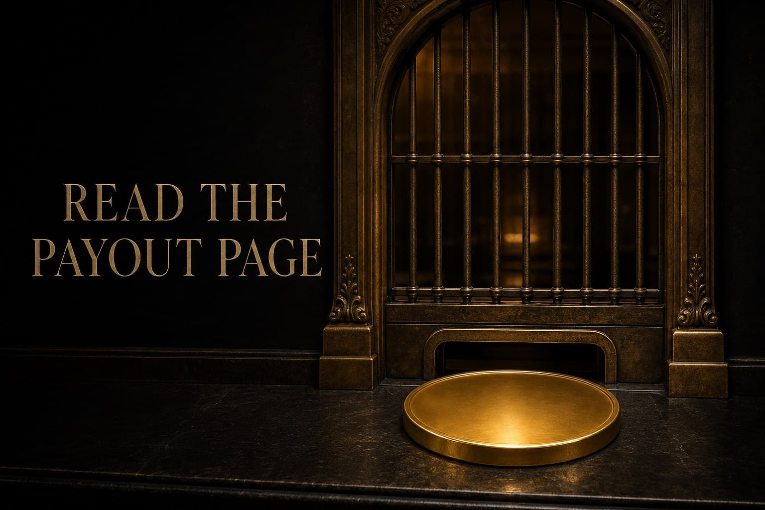 A brass bank-teller window with an ornate payout hatch, and a single oversized gold coin that cannot fit through the slot — poster titled Read the Payout Page.