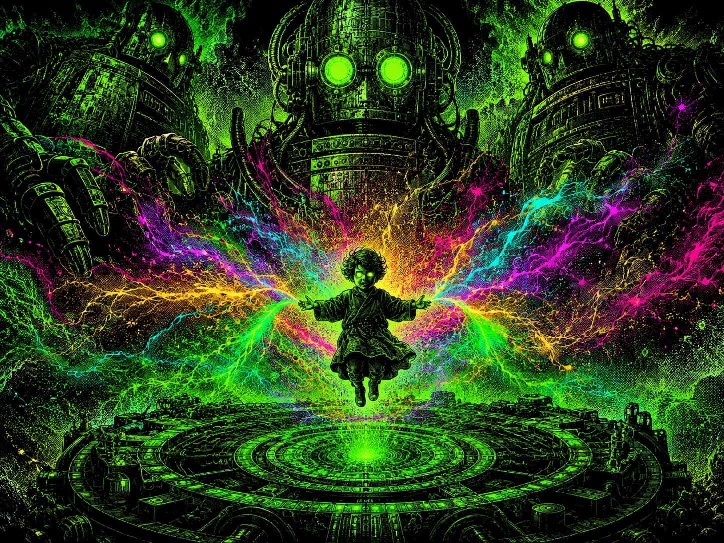 A child floats above a vast circular arena as bands of multicolored lightning radiate outward in every direction amid towering green machines — the different market regimes, each its own season, branching from one center.