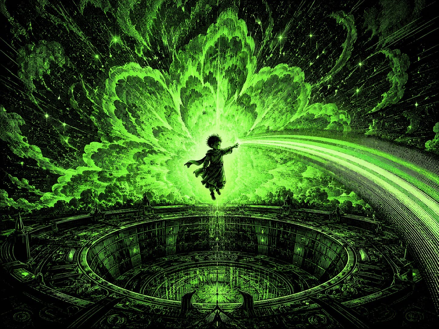 A small child floats above a vast circular abyss as a burst of green light erupts outward and one bright beam streaks away to the side — the drawdown's pit, and the long climb back toward the light.