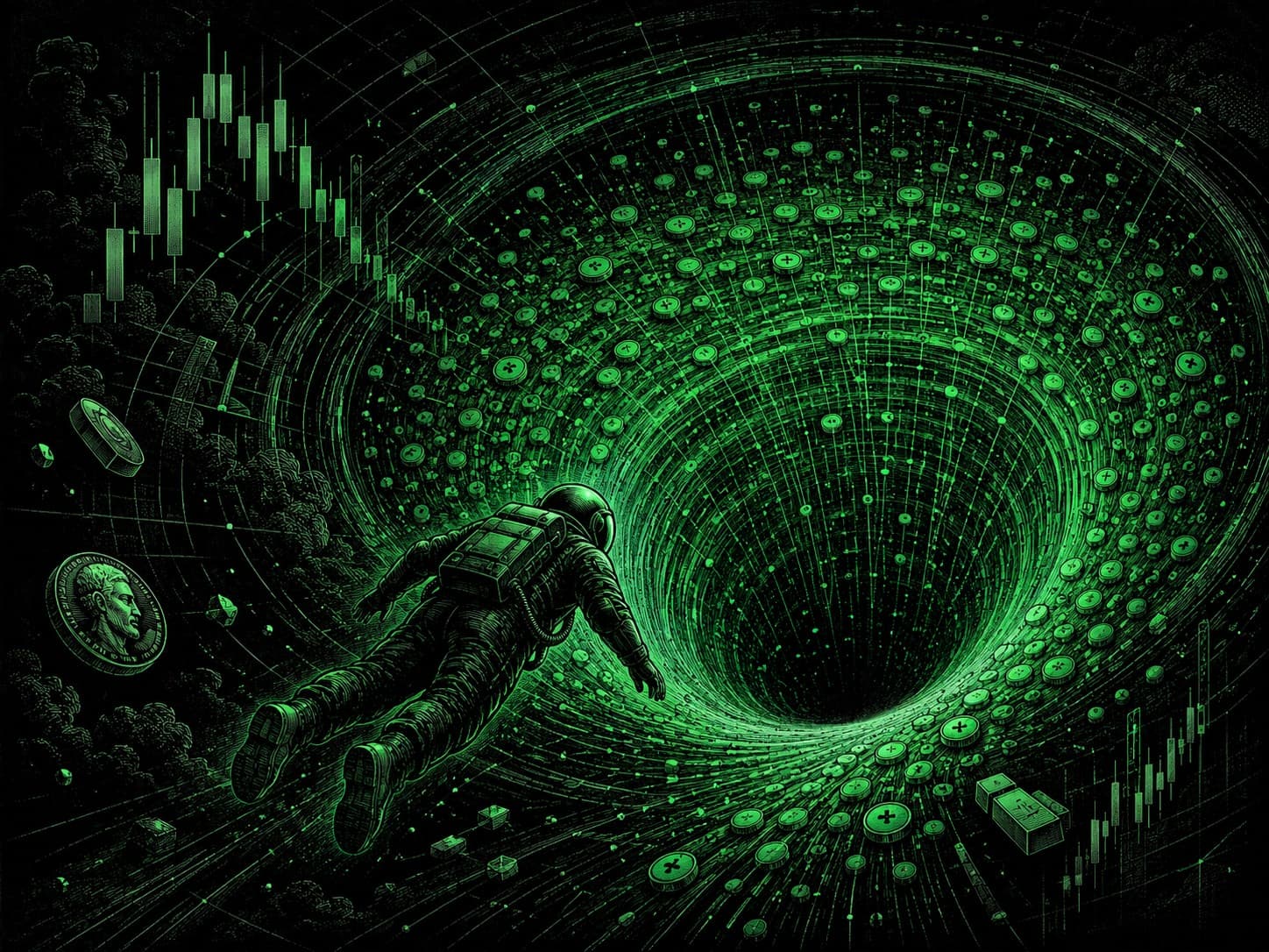 A trader in a spacesuit pulled into a vast green whirlpool of coins — a liquidity pool drawn as a vortex — with candlesticks above.