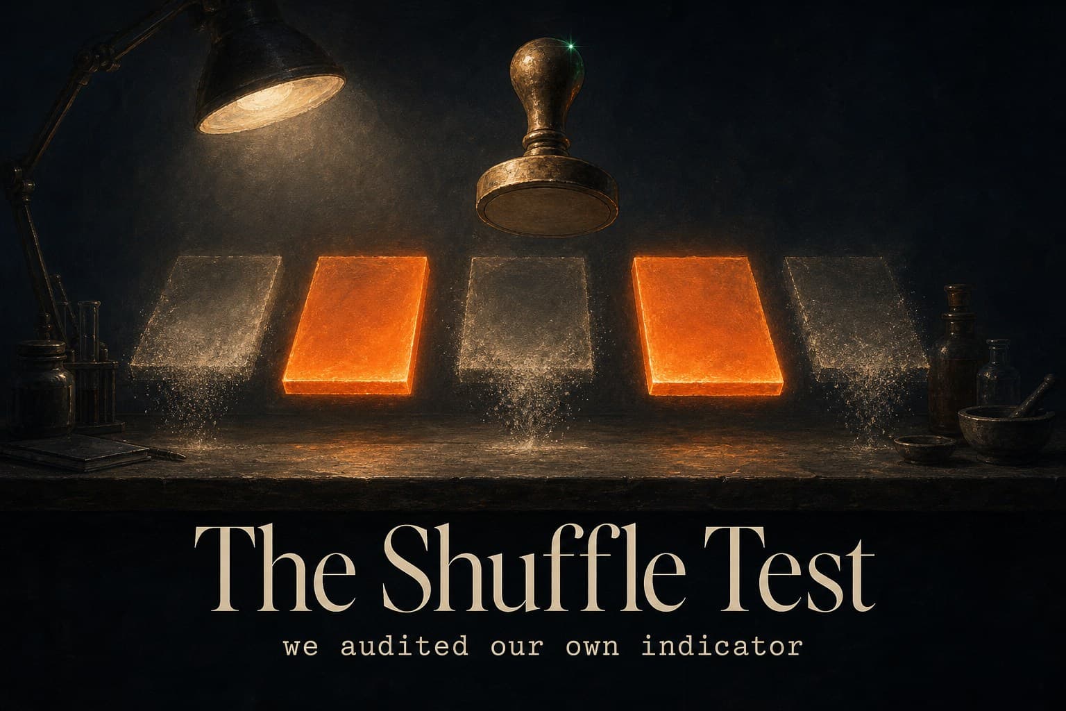 A dark laboratory bench with a brass grading stamp hovering over a row of glowing chart zones, half the stamped labels dissolving into dust while two glow brighter — poster titled The Shuffle Test.