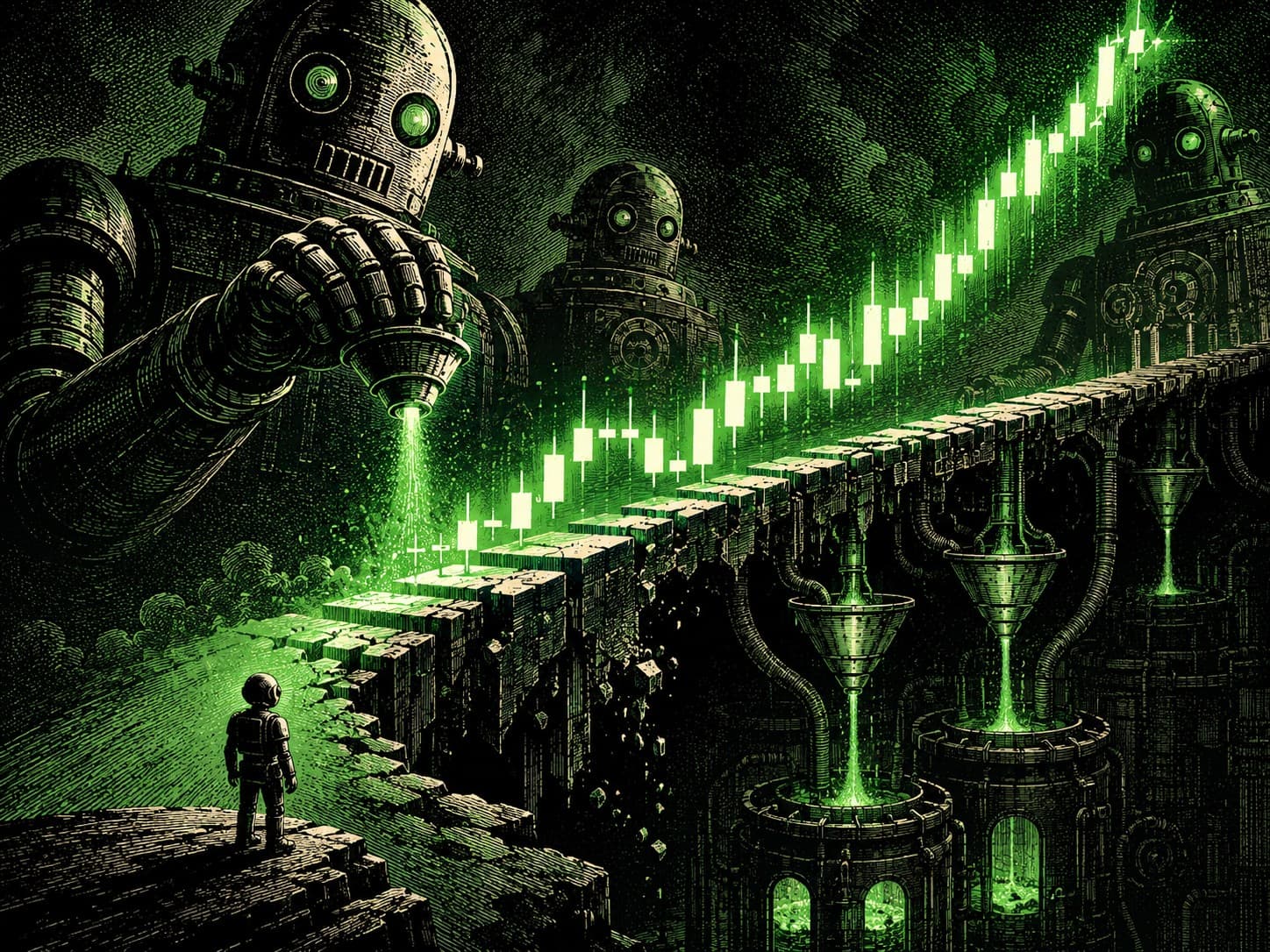 Giant machines siphon glowing green value through funnels beneath a rising candlestick bridge — the invisible tax taken from every trade.