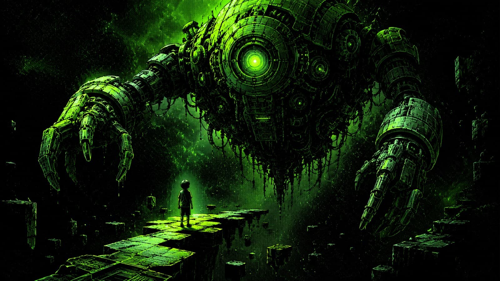 A small child alone at the edge of a crumbling floating path, facing a colossal machine with a glowing green eye and vast mechanical hands reaching out of the dark — the moment of deciding to stop, before being pulled in.