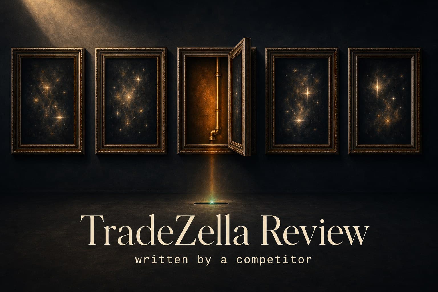 A row of identical glowing five-star review placards on a dark gallery wall, one placard turned around to reveal a brass pipe feeding coins back through the wall — poster titled TradeZella Review, written by a competitor.