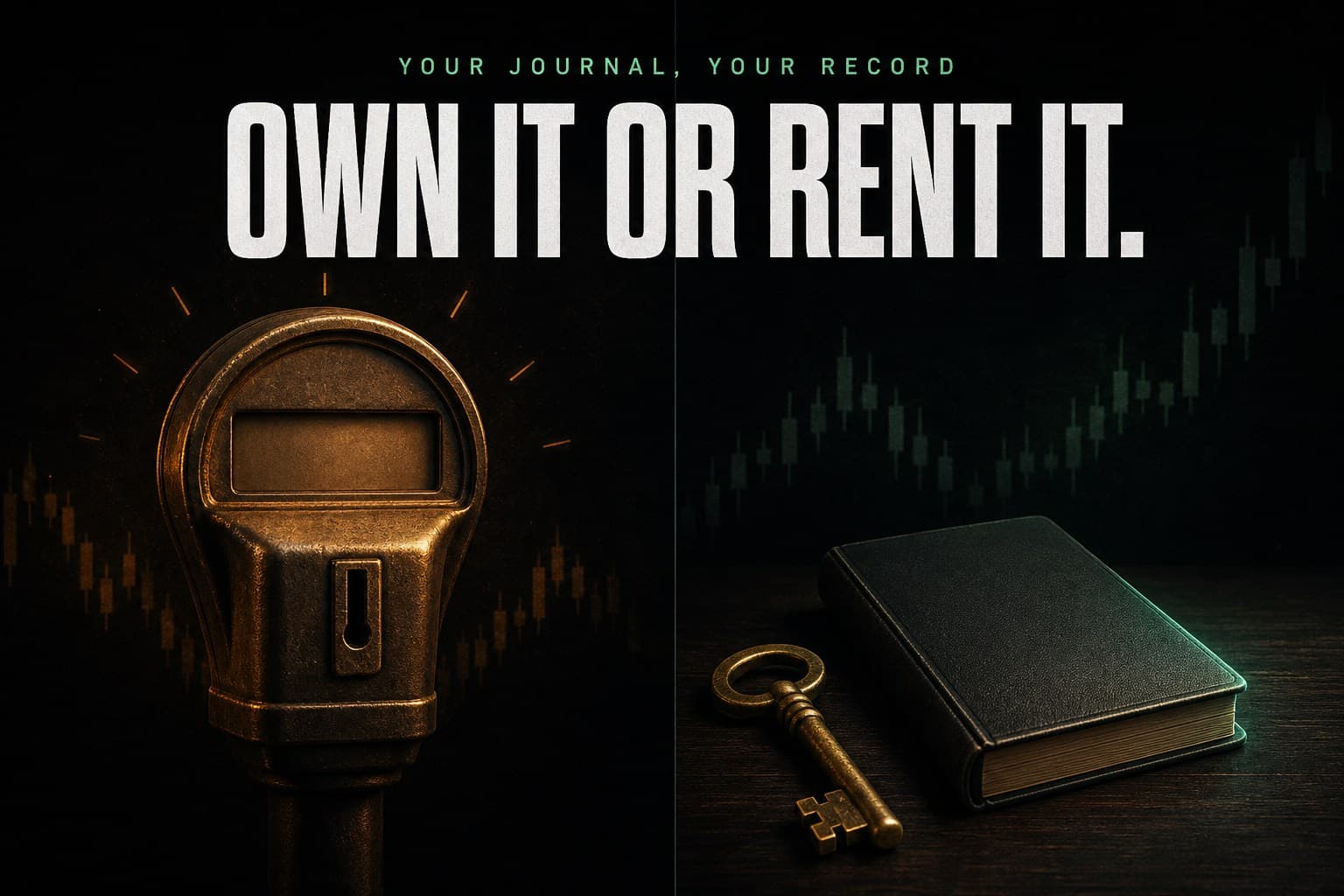 A glowing amber parking meter beside a brass key and a solid ledger book on a dark desk — poster titled Own It or Rent It.